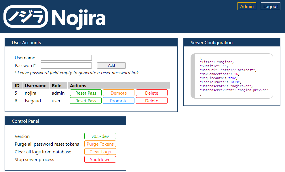 web interface screenshot